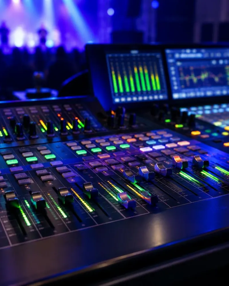 Console de mixage en régie, faders et vumètres allumés, la scène éclairée en violet à l’arrière-plan.